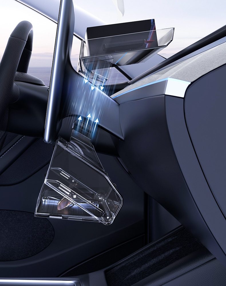 Close-up view of the storage organizer mounting around the Tesla screen area