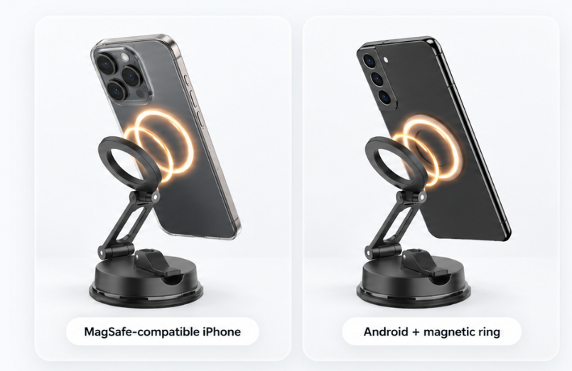 MagSafe-compatible iPhone and Android magnetic-ring compatibility examples