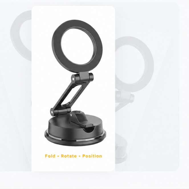 Foldable magnetic suction phone mount showing fold, rotate, and position functions