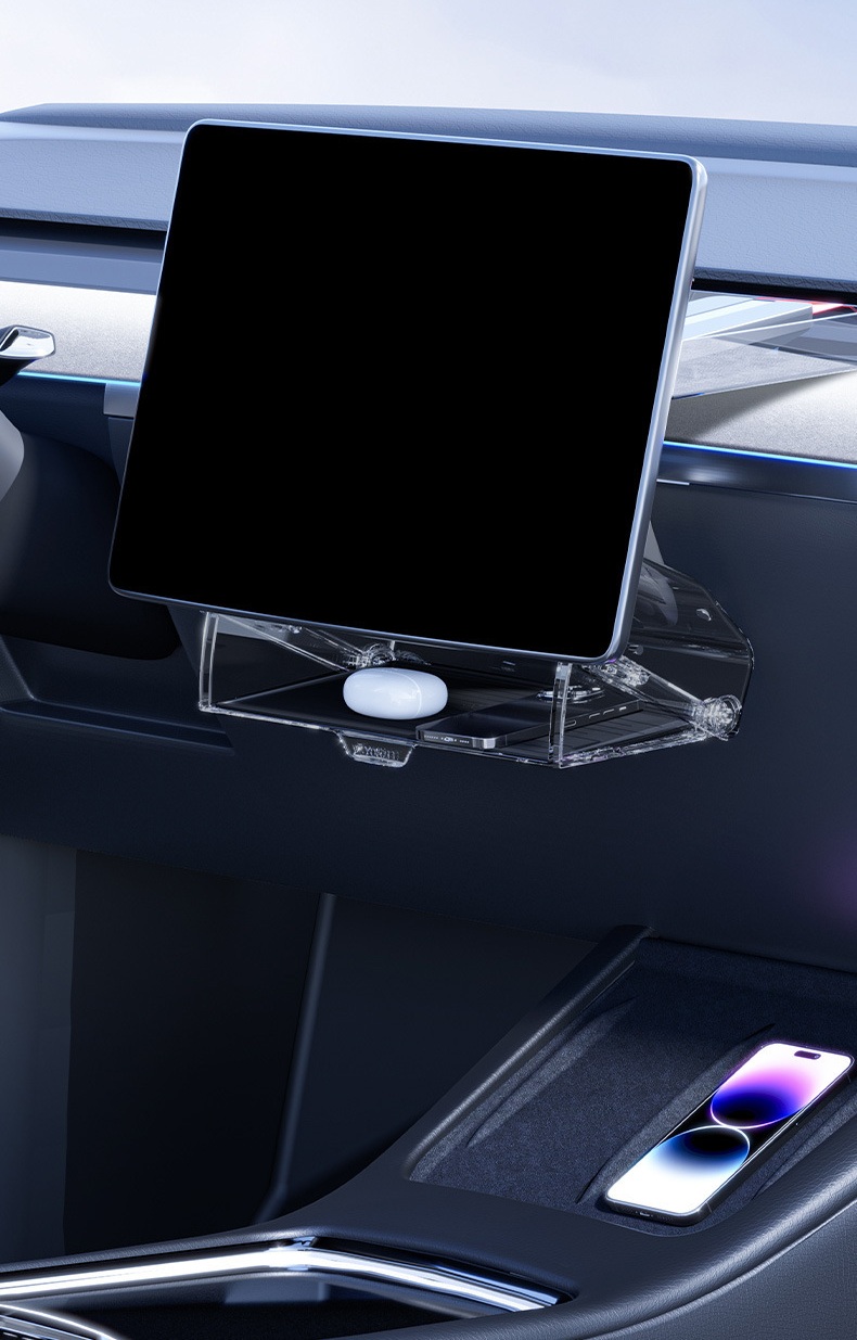Tesla center screen with under-screen storage organizer installed