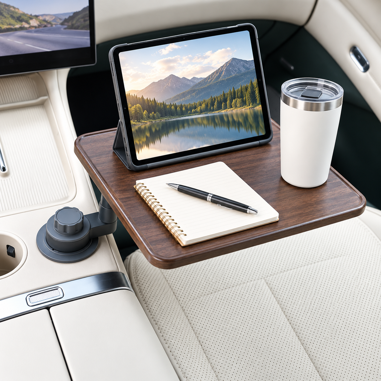 Car cup holder tray used as a compact in-car workspace with tablet and notebook