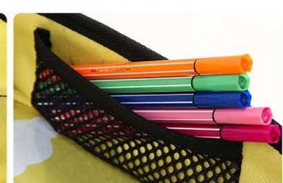 Mesh storage pocket holding colored markers