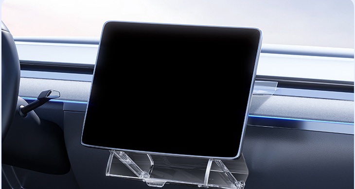 Under-screen storage compartment shown open