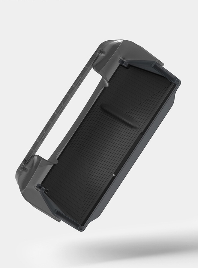 Close-up of the molded TPE under-screen storage organizer