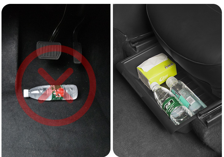 Comparison of a loose bottle in the footwell and an organized under-seat storage tray