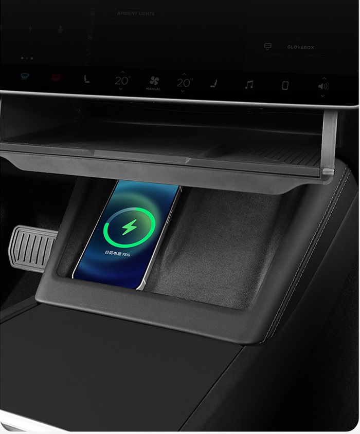 Wireless charging area remains clear below the under-screen storage organizer