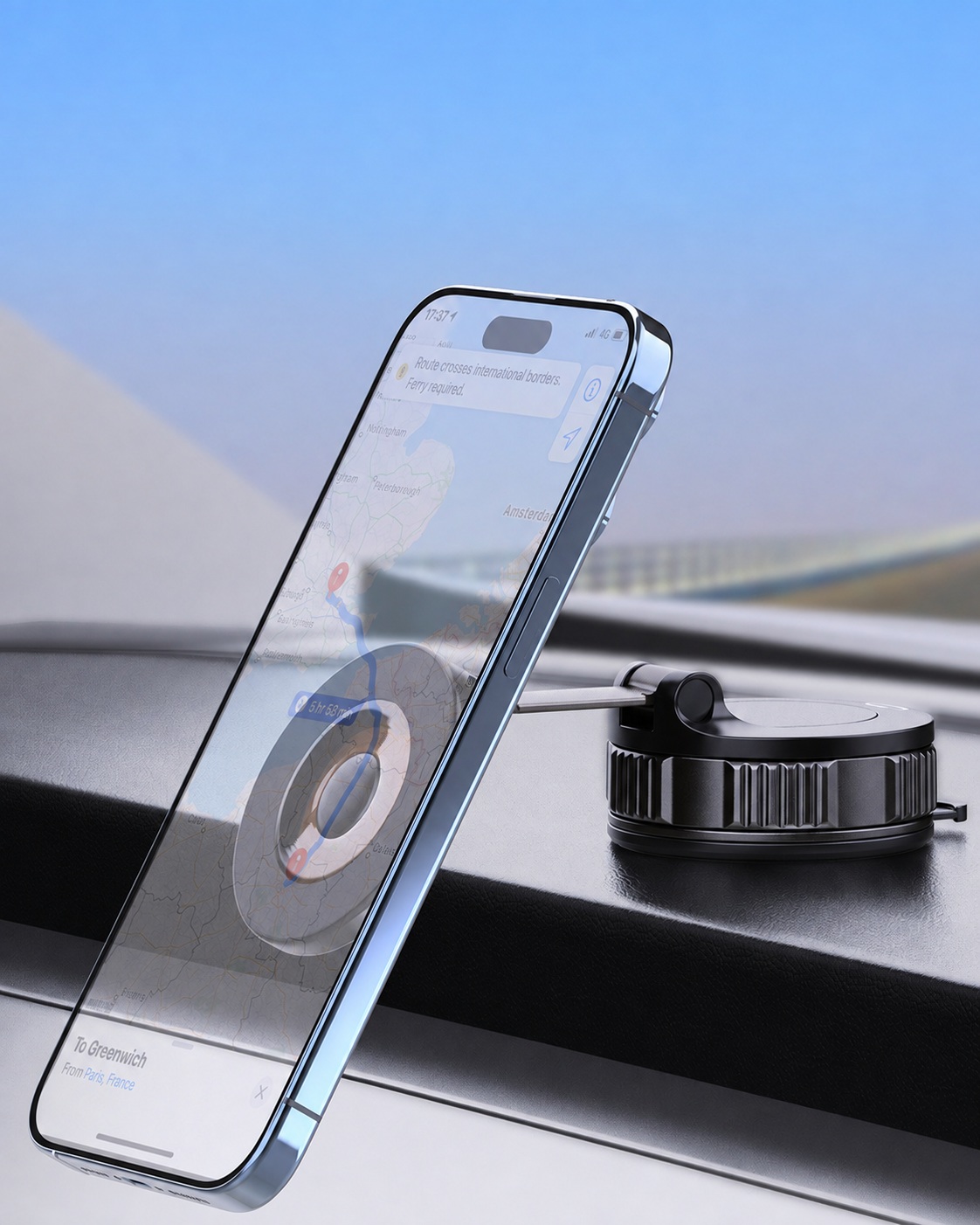 Phone mounted vertically on a car dashboard