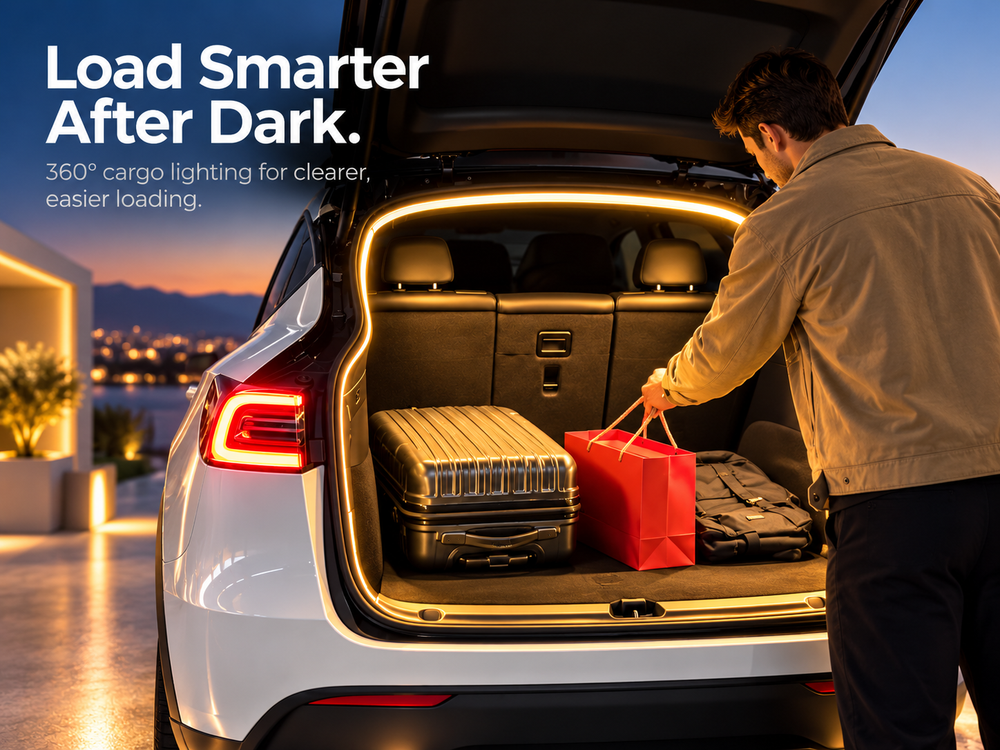 Loading luggage in a trunk with perimeter LED lighting
