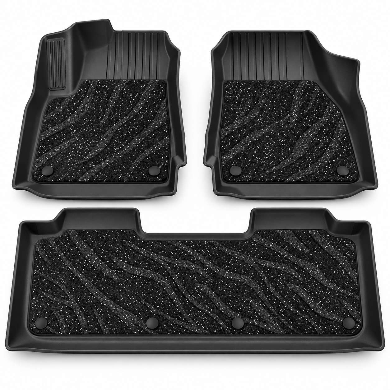 Black TPE floor mats with speckled carpet inserts; illustrative cabin set
