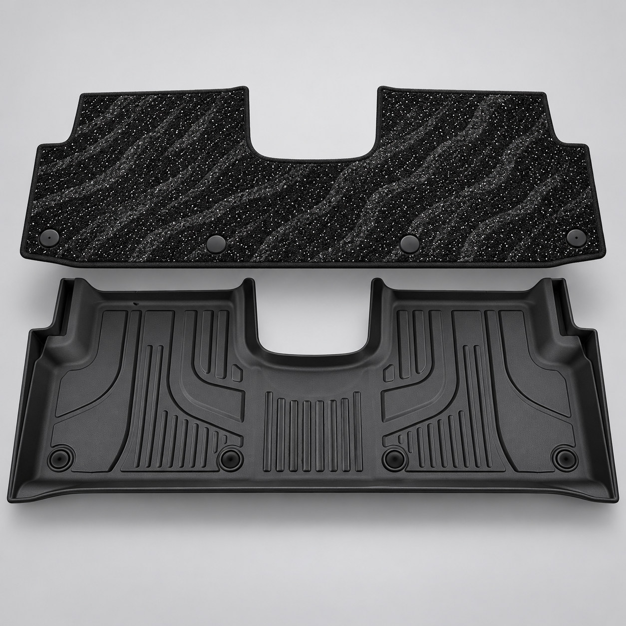 Black TPE floor mat and matching removable carpet layer