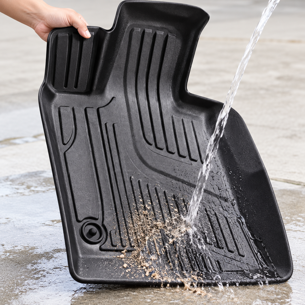 Black TPE floor mat base being rinsed outside the vehicle